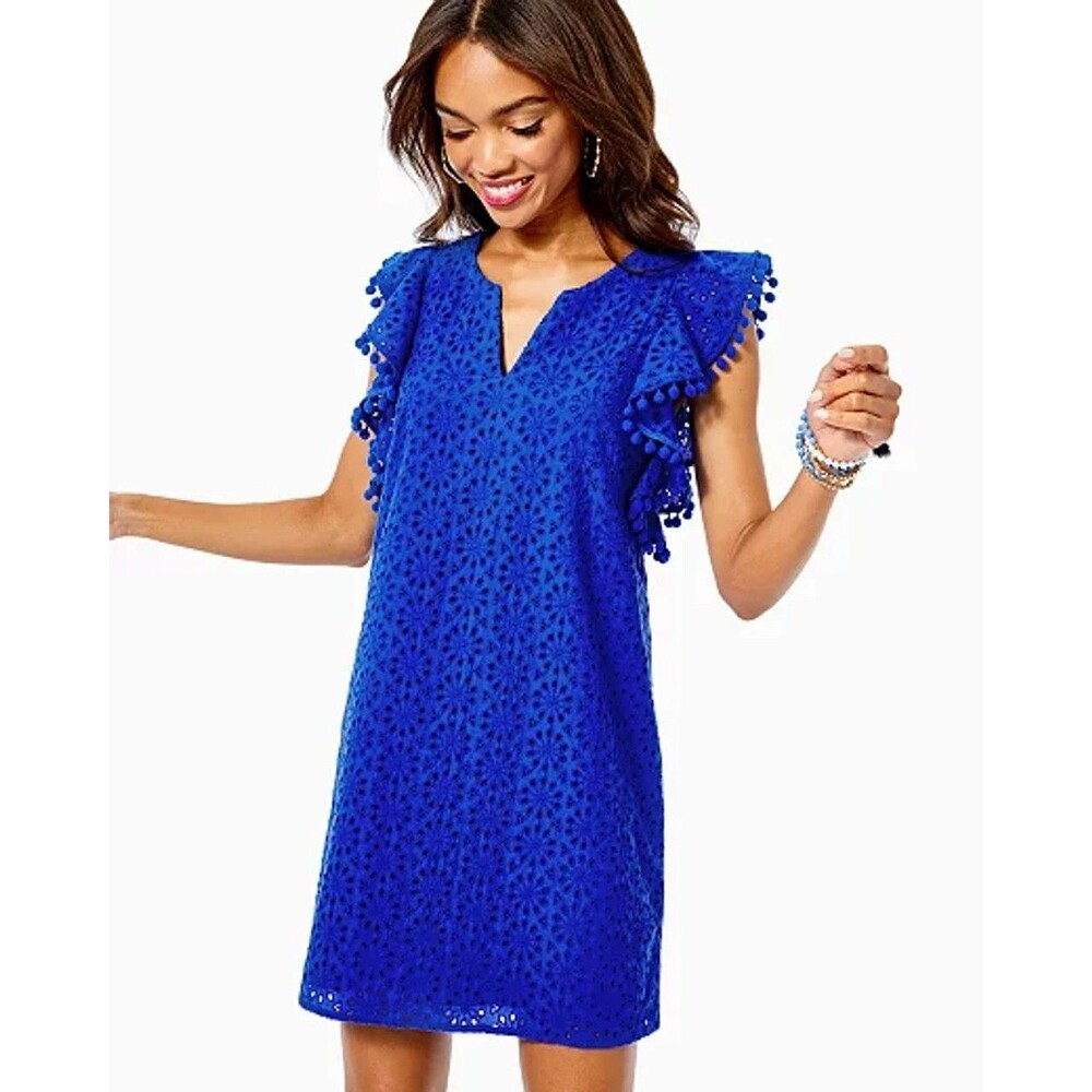 Lilly Pulitzer Astara Dress Baha Blue Womens Sz XL Neon Sunburst Eyelet Pompoms - Picture 15 of 16